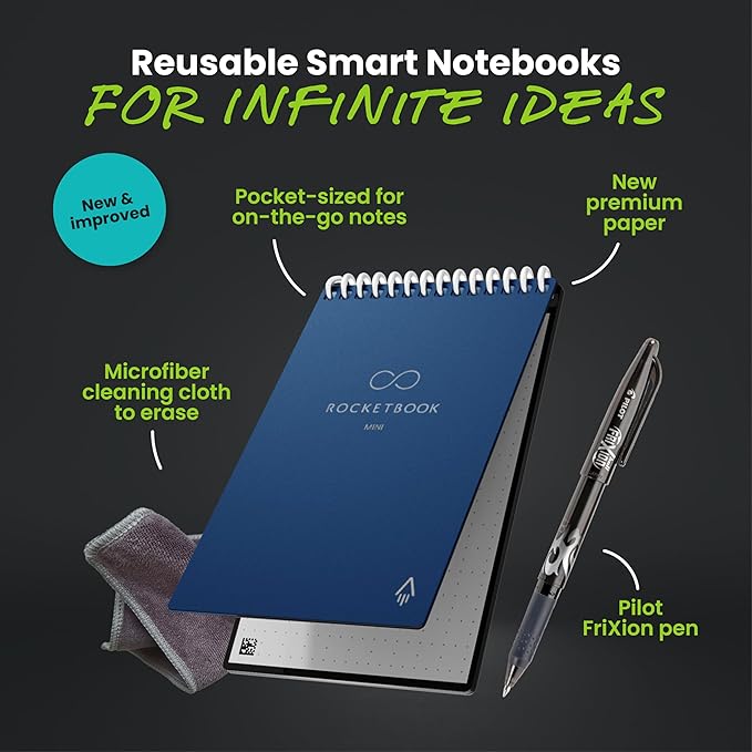 Rocketbook Mini Reusable Smart Notepad, Pocket Size On-The-Go Notebook, 3.5x5.5, Navy Blue (Pack of 1)