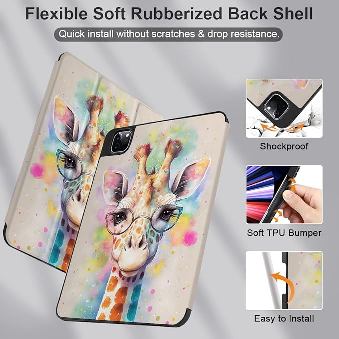 MEEgoodo Case for iPad Pro 12.9 Case M2 6th/5th/4th/3rd Generation 2022 2021 2020 2018, Protective Tablet Cover with Soft Back Shell for Kids, Giraffe