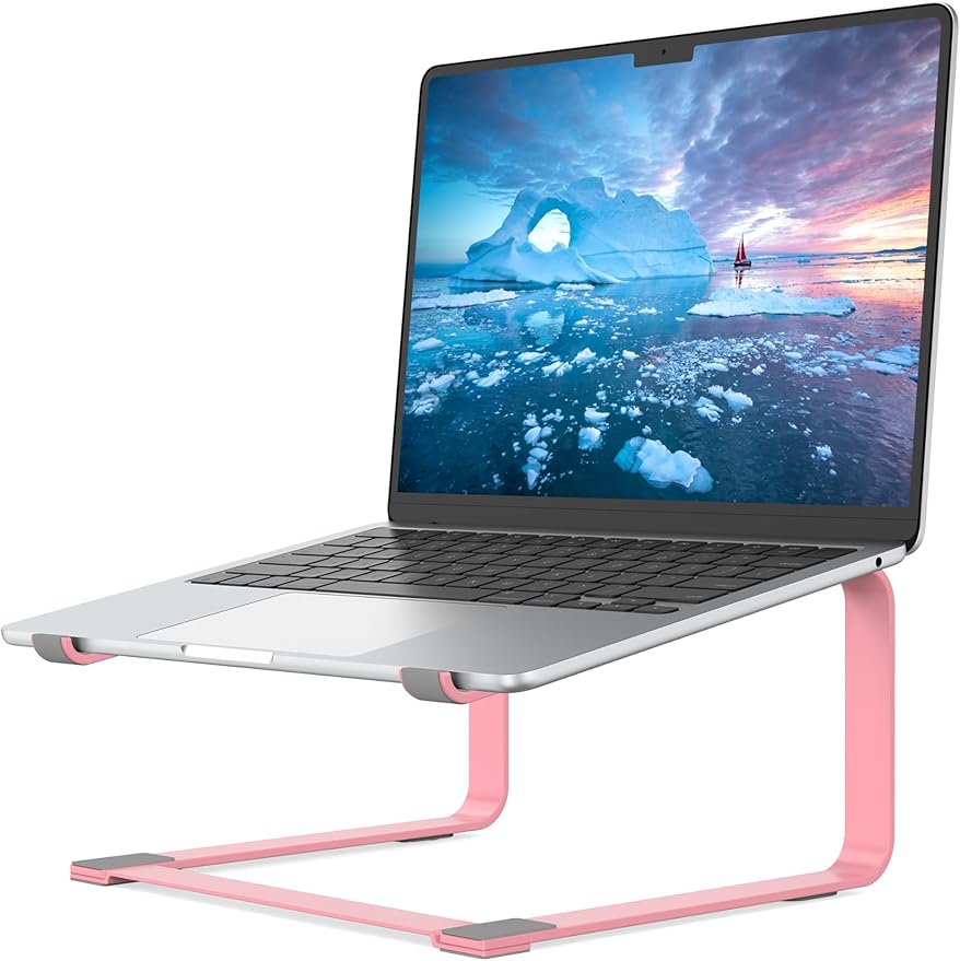 SOUNDANCE Laptop Stand for Desk, Ergonomic Metal Computer Riser for 12-17.3 Inch Laptops, Heavy Duty Stable Desktop Holder, Improves Eye Level & Workspace Organization, Pink
