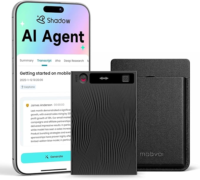 Mobvoi TicNote AI Voice Recorder w/AI Transcription & Summary, APP Control AI Note Taking Device Supports 120+ Languages for Lectures, Meetings &Calls, Dual-Mode Recording, 64GB, 2026 New Version