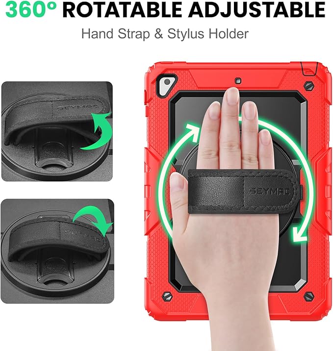 SEYMAC Case for iPad 6th/5th Generation 9.7 Inch, Full-Body Shockproof Heavy Duty Protective Case with Screen Protector, Rotating Stand/Hand/Shoulder Strap for iPad Air 2/ Pro 9.7, Red
