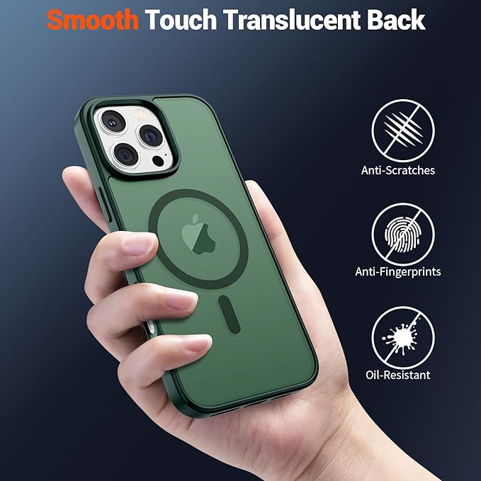 SUPFINE Magnetic for iPhone 16 Pro Case (Compatible with MagSafe) (Military Grade Drop Protection) Slim Translucent Matte Shockproof with Anti-Fingerprint Phone Case,Forest Green