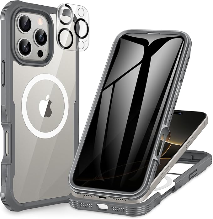 CENHUFO Magnetic Privacy for iPhone 16 Pro Max Case [Compatible with Magsafe] Full Body Phone Case Built-in 9H Tempered Glass Privacy Screen Protector Camera Lens Protector, Shockproof Cover - Gray