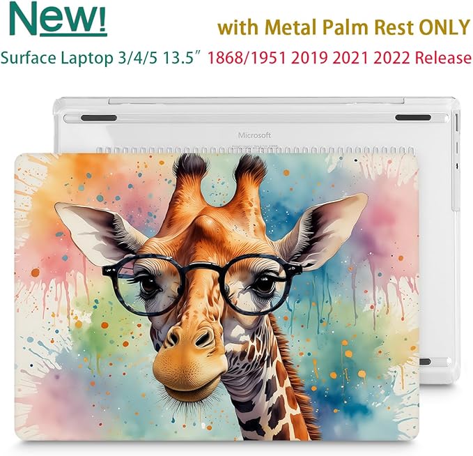 Case for 13.5" Microsoft Surface Laptop 5/4/3 with Metal Palm Rest ONLY 2019-2022 Release Models:1868/1951, Plastic Hard Shell Case with Keyboard Cover & Screen Protector, Glasses Giraffe