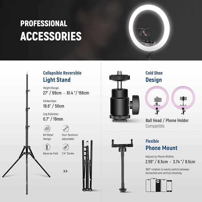 NEEWER Professional Ring Light with Stand and Phone Holder, 18 inch Ultra Thin, 45W 2900K-7000K TLCI98, Remote Shutter & App Control, Softer Lighting for Makeup Live Stream TikTok, RP18B Pro Pink