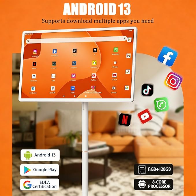 21.5"/24"/27"/32" Portable Smart Screen On Wheels, 4K Touchscreen Display, Build-in 4K Camera, Rolling TV, Built-in Battery (6-8H), Remote Control, 8+128GB Storage 24inches