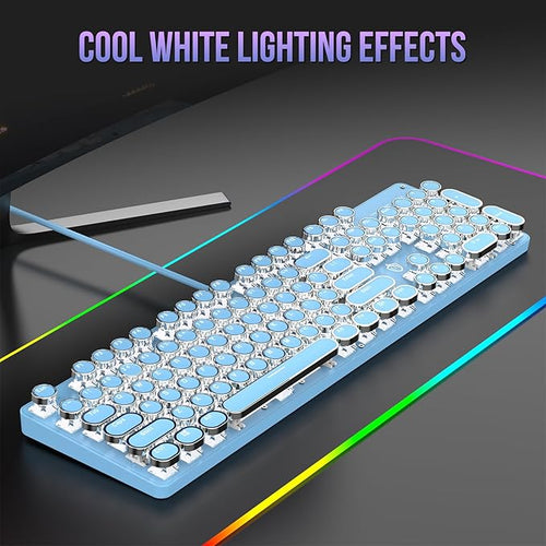 Typewriter Mechanical Gaming Keyboard with RGB Backlit Red Switches, 104 Keys Retro Round Keycap, Wired Typewriter Style Comfortable Typing Soud (Blue)