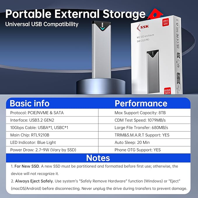 SSK M.2 NVME SATA SSD Enclosure, Improved RTL9210B Chip USB 3.2 Gen 2 10Gbps to PCI-E NGFF Adapter, M-Key/B+M Key External SSD Enclosure Aluminum Support UASP Trim 2242/2260/2280