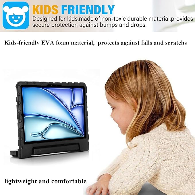 Kids Case for iPad Air 11-inch M3/M2 & iPad Pro 11 inch Case M5/M4 (2025/2024) with Pencil Holder/Kickstand Lightweight Convertible Handle Stand EVA Shockproof Rugged Protective Cover, Black