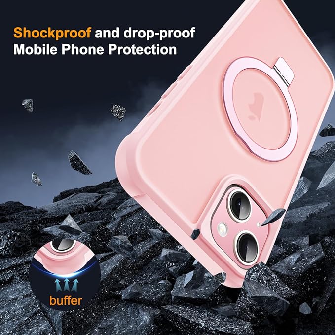 SKYLMW Compatible with iPhone 13 Case & iPhone 14 Case with Invisible Magnetic O-Ring Stand Translucent Phone Cases for 13 & 14 6.1" [Compatible with Mag-Safe][Great Grip Feeling], Pink