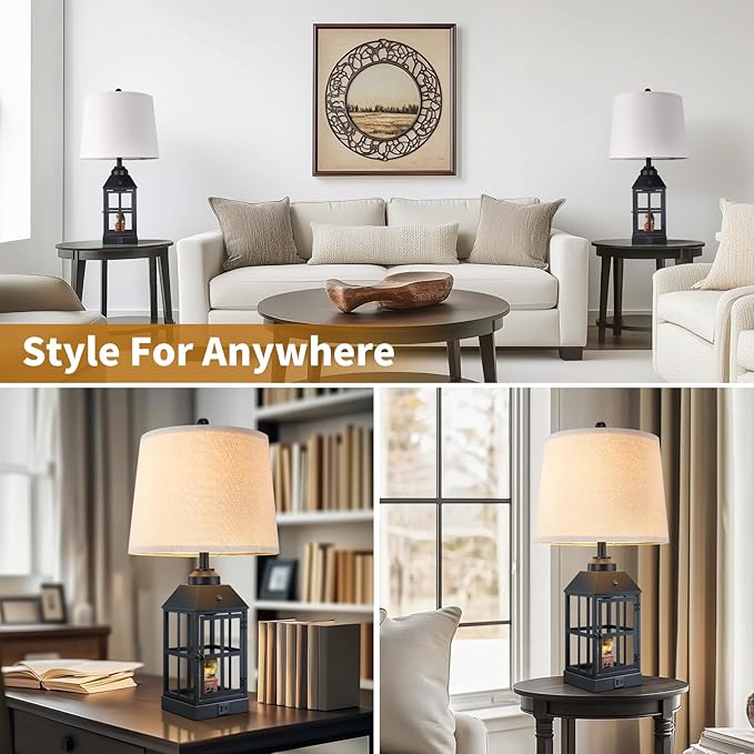 25" Farmhouse Table Lamps for Living Room, Black Lamps Set of 2 with USB Port and Nightlight, Rustic Table Lamp for Bedroom, Bedside Lamp for Nightstand, End Table, Home, Office, LED Bulbs Included