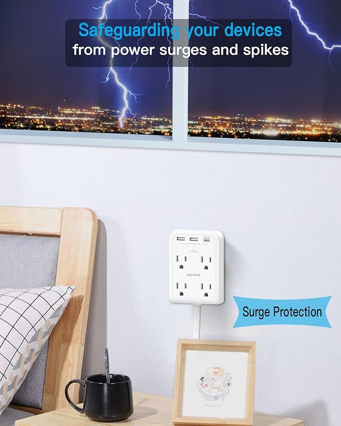 Surge Protector Power Strip, Outlet Extender Stick with USB C Ports, 4 Outlet 3 USB, 4 FT Extension Cord Flat Wall Plug, Home Office Dorm Room Essentials, White