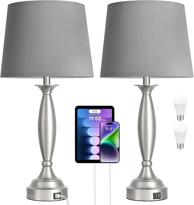 Seealle 25.5" Touch Bedside Lamps for Nightstand Set of 2 - Bedroom Lamps with USB C+A, 3 Way Dimmable Nightstand Lamps, Brushed Nickel Table Lamps for Living Room (Bulbs Included)