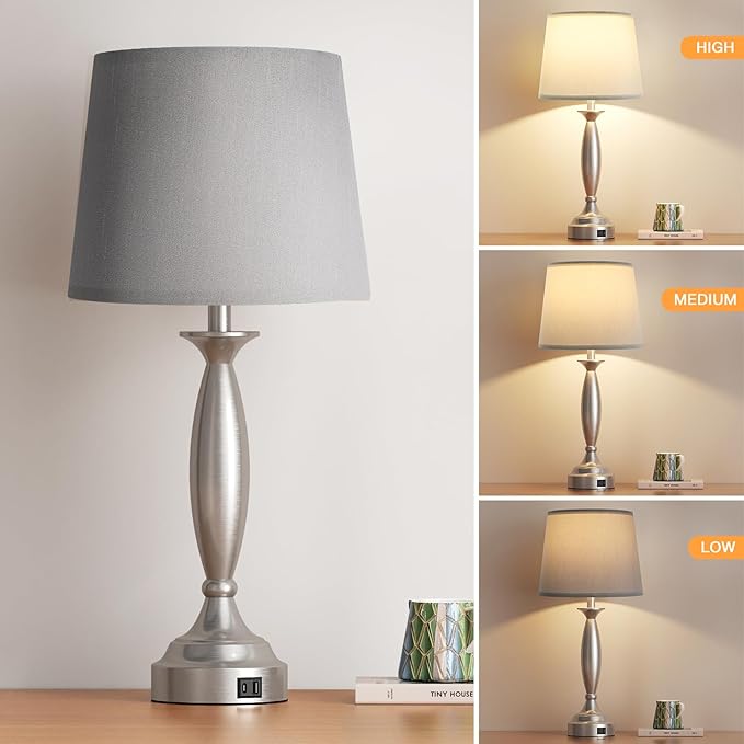 Seealle 25.5" Touch Bedside Lamps for Nightstand Set of 2 - Bedroom Lamps with USB C+A, 3 Way Dimmable Nightstand Lamps, Brushed Nickel Table Lamps for Living Room (Bulbs Included)
