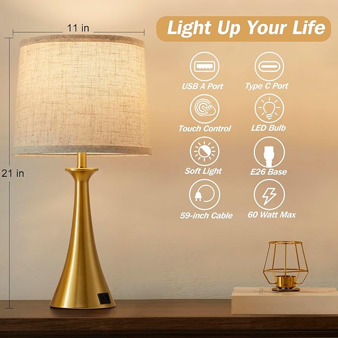 Touch Lamp for Living Room Bedroom, 21" Table Lamps Set of 2 with USB C+A Ports, Touch Bedside Lamps for Nightstand with 3 Way Dimmable, 2 LED Bulbs Included, Gold