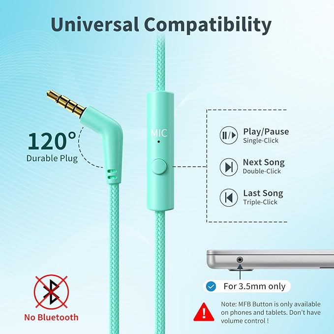 Botesty Sound Headphones Wired with Microphone, Over Ear Foldable 3.5mm Plug in Headphones Corded with 4.9ft Tangle-Free Nylon Cord for Tablet, Laptop, MP3/4, School, Airplane Travel (Green)