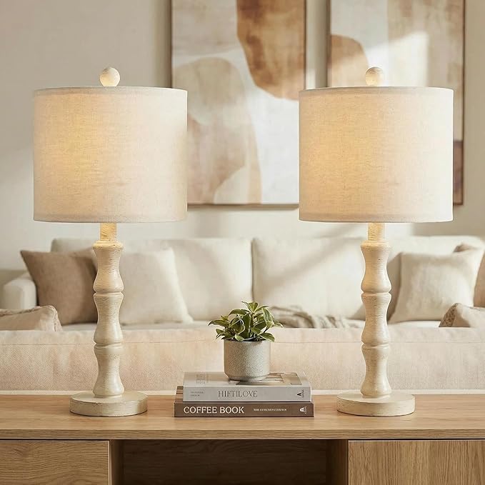 BOBOMOMO 20.5" Farmhouse Bedside Lamps Set of 2, Vintage Nightstand Lamps with Antique White Resin Base & Linen Shade, Small Table Lamps for Bedroom, Living Room, Nursery & Light Neutral Home Décor