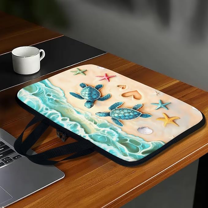 Sea Turtle Laptop Bag 13 Inch Computer Sleeve for Women Men Beach Starfish Padded Notebook Carrying Case with Handle Laptop Cover, Blue
