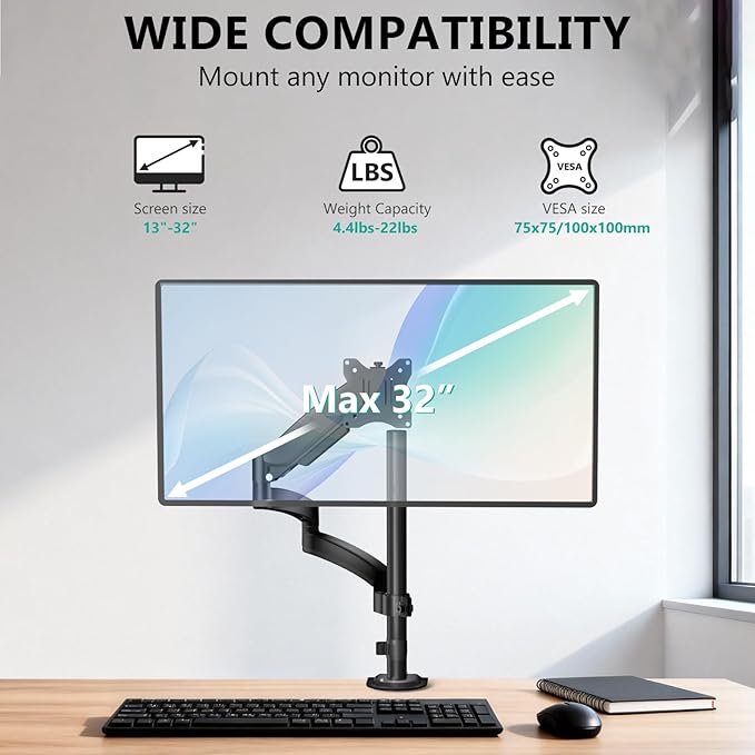WALI Single Long Monitor Arm - Computer Monitor Arm Desk Mount for 13-32 inch, Hold up to 19.8lbs, Extra Long Adjustable Stand, Full Motion Tall Arm, VESA 75/100mm, (GSDM001L)