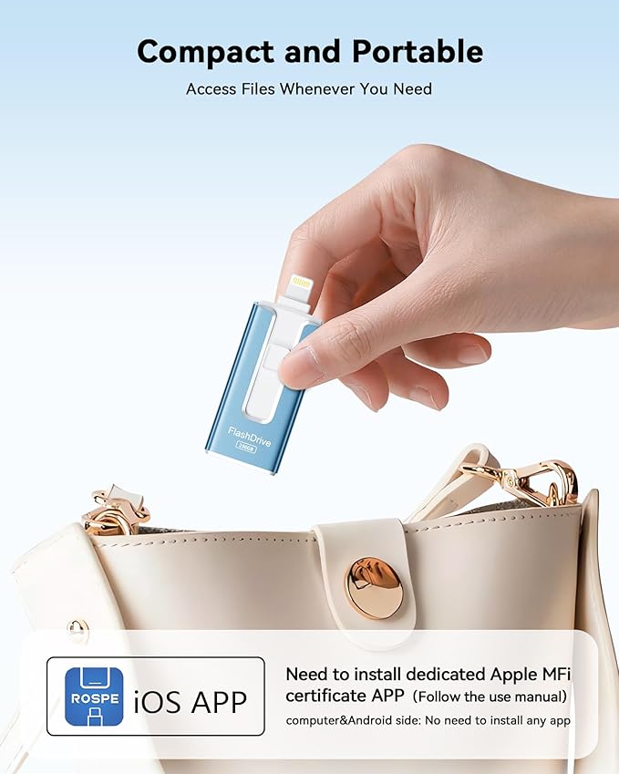 MFi Certified 256GB Flash Drive for iPhone, 3 in 1 Type-C USB Memory Stick Thumb Drive for Photos Videos, High Speed External Memory Storage Photo Stick for iPhone iPad Android PC (Royal Blue)