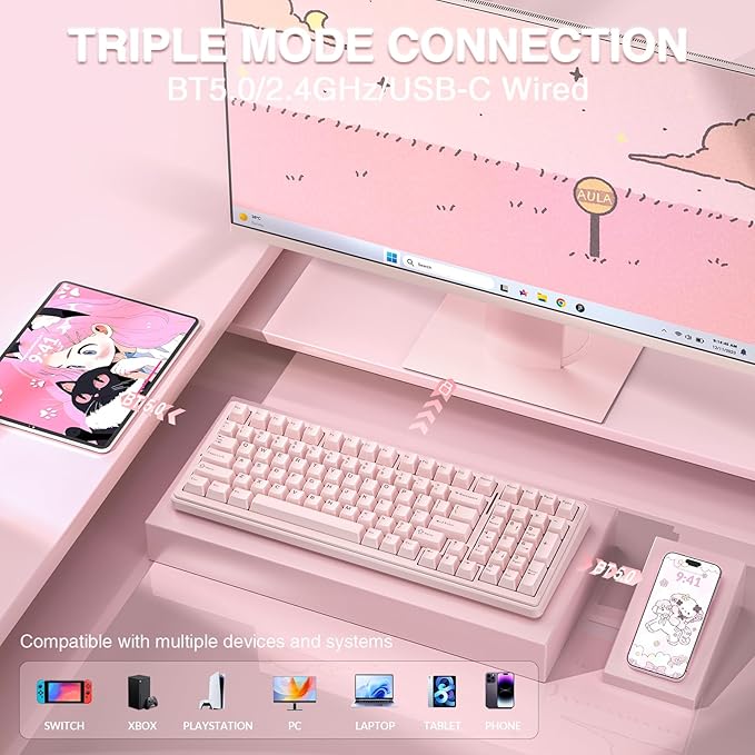 AULA F99 Wireless Mechanical Keyboard-Silent Version,Tri-Mode(BT5.0/2.4GHz/USB-C),Gasket Structure,Hot Swappable Mechanical Keyboard with Pre-lubed Linear Switches,RGB Backlit PC Gaming Keyboards,Pink