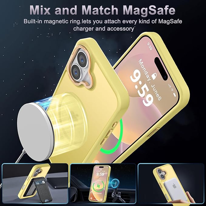 Newfuture Designed for iPhone 16 Case with Magnetic [13 FT Military Drop Protection] [Compatible with Magsafe] Slim Translucent Matte Shockproof with Anti-Fingerprint Phone Case, Yellow