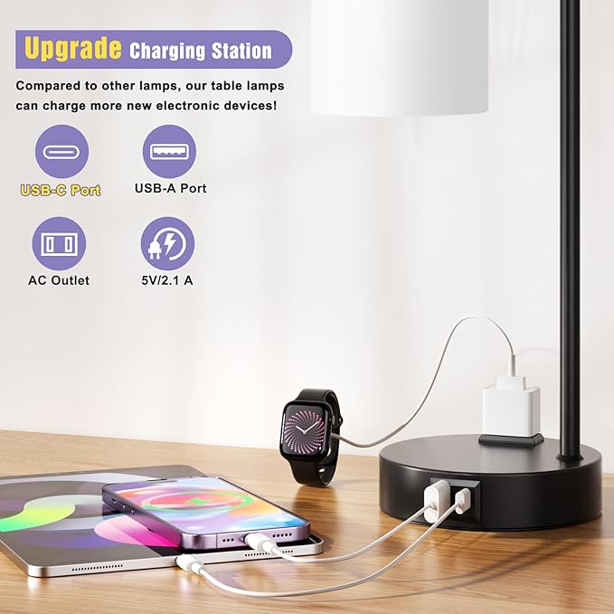 Industrial Touch Bedside Lamps for Bedrooms Set of 2 - 3-Way Dimmable Nightstand Lamps with USB C+A Ports and Outlet, Table Lamps with Opal Glass Shade for Living Room, Desk Lamps for Home Office
