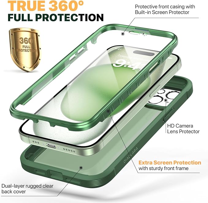 Diaclara Designed for iPhone 15 Case, Full Body Rugged Case with Built-in Touch Sensitive Anti-Scratch Screen Protector, with Camera Lens Protector for iPhone 15 6.1" (Frosted Green)