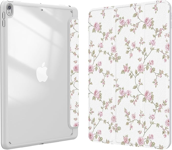 Case for iPad pro 10.5 inch 2017/ iPad Air 3rd Generation 2019, Case with Pencil Holder, Stand Clear Back Cover Cute Cool Design for Women Girls, Auto Sleep/Wake, Pink Flower