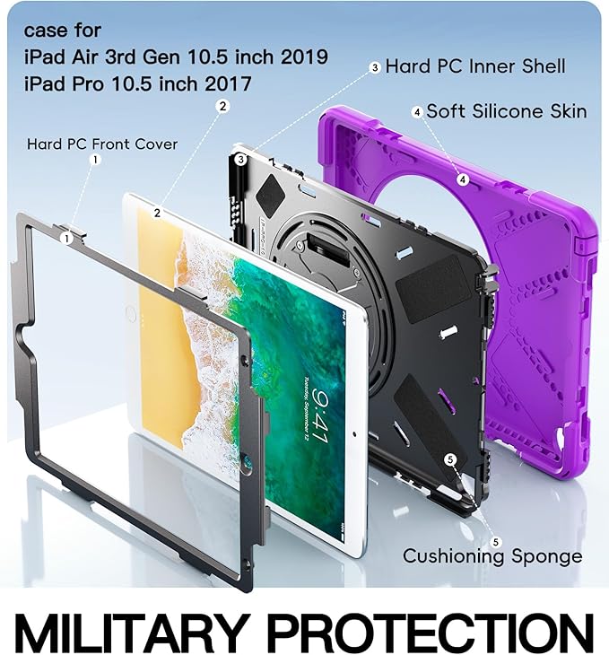 BRAECN Case for iPad Air 3rd Generation 2019 / iPad Pro 10.5 inch 2017, Rugged Heavy Duty Shockproof Cover with Pencil Holder, 360° Rotating Kickstand & Adjustable Hand Strap & Shoulder Strap for Kids