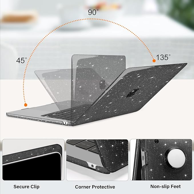 MOSISO Compatible with MacBook Air 15 inch Case M5 2026 M4 2025 M3 2024 M2 2023 A3448 A3241 A3114 A2941, Sparkly Glitter Plastic Hard Shell&Keyboard Cover&Screen Film&Webcam Cover&Type C, Black