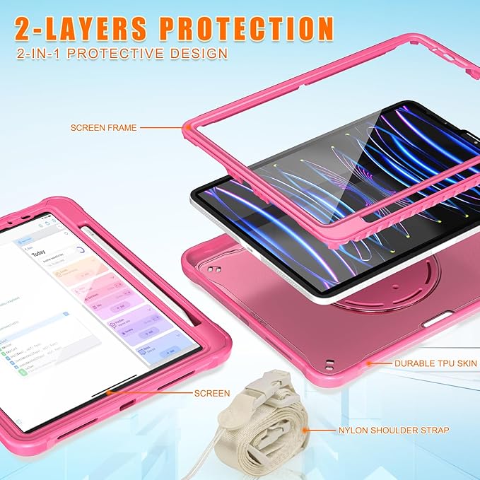 Batianda Ultimate Protective Case for iPad Pro 11-inch 2022 4th M2 Chip /2021 (3rd Generation) Rugged Shockproof Tablet Cover with 360° Rotatable Kickstand & Shoulder Strap & Pencil Holder, Pink