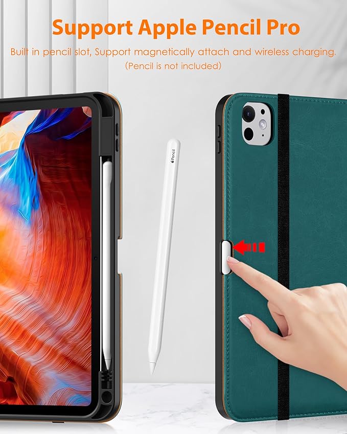DTTO for iPad Pro 11 inch Case (M5/M4) 2025/2024, Premium Leather Business Folio Stand Cover with Pencil Holder - Auto Wake/Sleep and Multiple Viewing Angles, Green