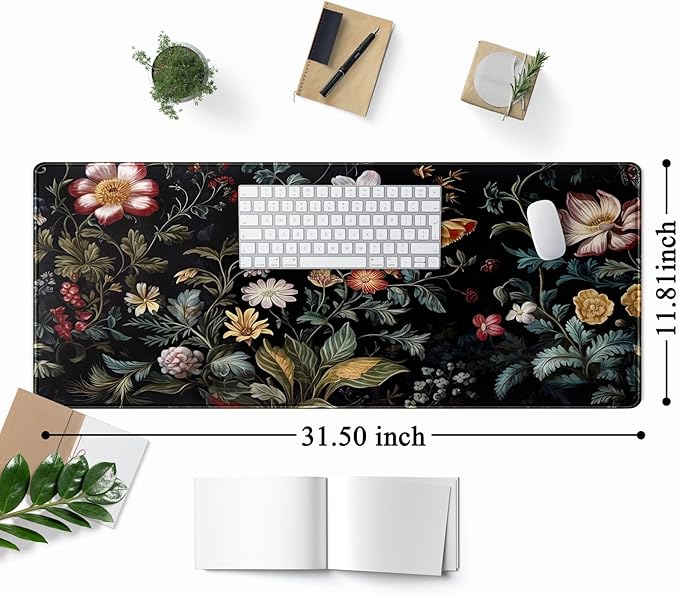 Dark Floral Desk Mat Vintage Aesthetic Desk Pad Flower Plant Black Extended Mouse Pad Large Gaming Mousepad XL Laptop Computer Mouse Keyboard Mat 31.5 x 11.8 in for Office Decor
