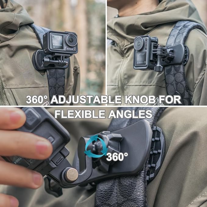 Backpack Shoulder Strap Mount, 360°Rotation Clamp Clip Mount Compatible with Gopro Hero 13/12/11/10/9/8, DJI Osmo Action 6/5Pro/4/3/2 and Most Action Cameras