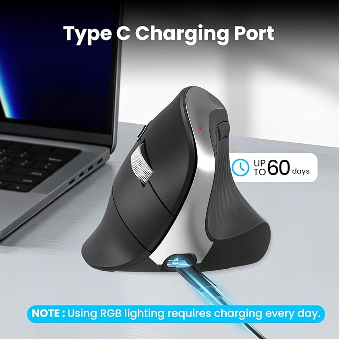 CITLLA Wireless Ergonomic Vertical Mouse, Rechargeable Tri-Mode (Dual Bluetooth + 2.4G USB) Optical Mouse with Adjustable RGB Lighting, Multi-Device Control for Laptop, PC, Mac, iPad, Desktop (Black)