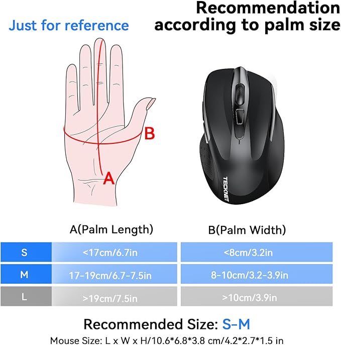 TECKNET Rechargeable Jiggler Wireless Mouse (BT5.0/3.0 & 2.4G) 4800 DPI Silent USB A & Bluetooth Mouse 6 Buttons, Wide Compatibility - Black
