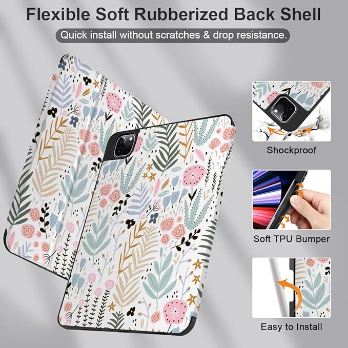 DONGKE Case for 2022/2021/2020/2018 iPad Pro 11 inch Gen 4/3/2/1 - Slim Protective Case - Built in Pencil Holder Support Charging - Trifold Stand & Sleep/Wake Cover - Tiny Flowers