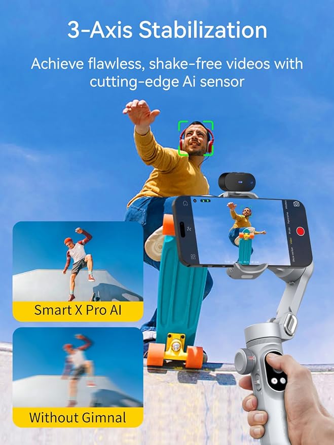 AOCHUAN 3-Axis Phone Gimbal, Gimbal Stabilizer for iPhone w/AI Vision Sensor, Portable for iPhone/Andriod, Phone Stabilizer Built in Fill Light Perfect for TikTok YouTube-Smart XPro AI Grey