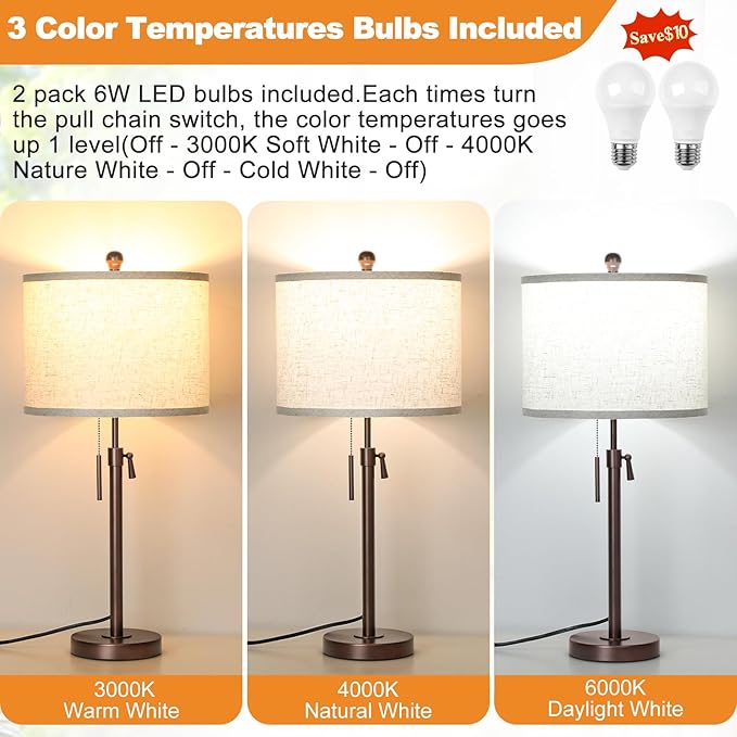 Qingmiao Table Lamps Set of 2, 22" to 30" Adjustable Nightstand Lamps for Bedroom, Dimmable End Table Lamps for Living Room Console Entry Farmhouse Home Decor, New House Warming Gifts