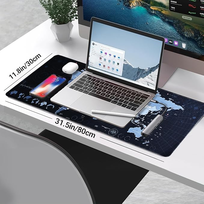 Gaming Mouse Pad XL XXL With World Map (31.5 x 11.8in) - Desk Mat, Large Keyboard Mat 3MM Anti Slip and Waterproof Rubber (Black)