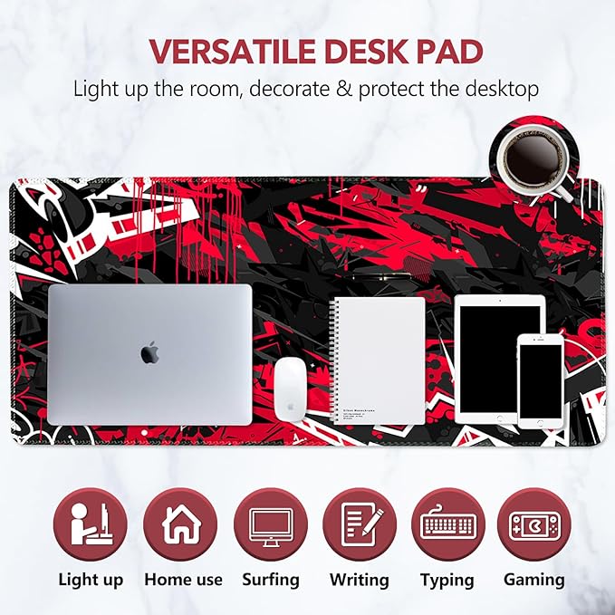 AIMSA Extended Gaming Mouse Pad Desk Mat, Large Mousepad with Stitched Edges (35x15.7 in), Keyboard Mouse Mat Stable Rubber Base Desk Pad for Work, Game, Red Black