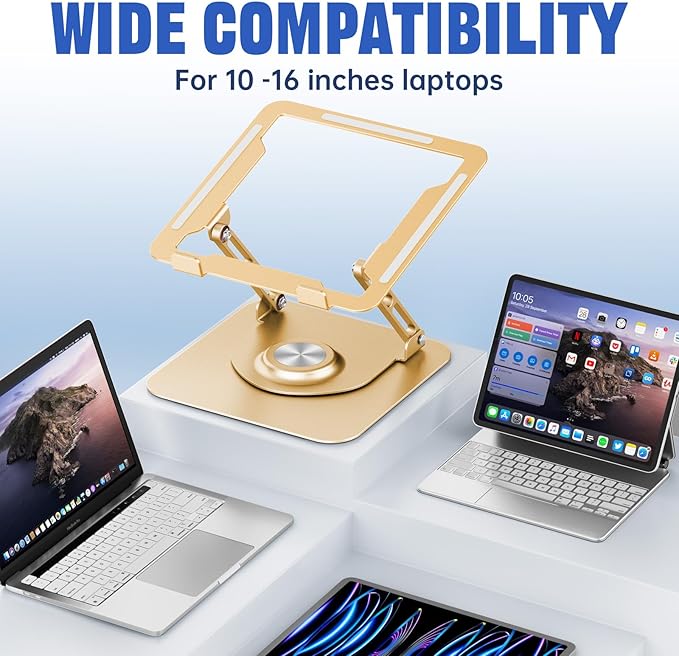 JOYEKY Laptop Stand for Desk, Adjustable Computer Stand with 360° Rotating Base, Ergonomic Laptop Riser for Collaborative Work, Foldable & Portable Laptop Stand, fits for All 10-16" Laptops (Gold)
