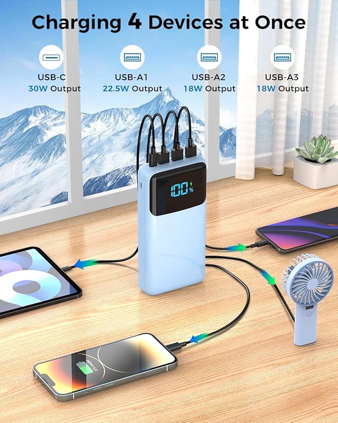 Portable Charger 50000mAh Power Bank, USB-C PD 30W Fast Charging, High Capacity External Battery Pack for Camping, Portable Phone Charger for iPhone 17/16/15/14/13/12/11 Samsung Android (Sky Blue)