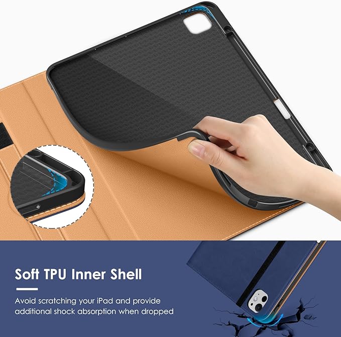 VIKESI Case for iPad Pro 13-inch M5 or M4 Released in 2025 or 2024, Leather Stand Cover with Apple Pencil Holder, Auto Wake/Sleep, Multiple Viewing Angles, Built in Hand Strap & Pocket,Navy Blue