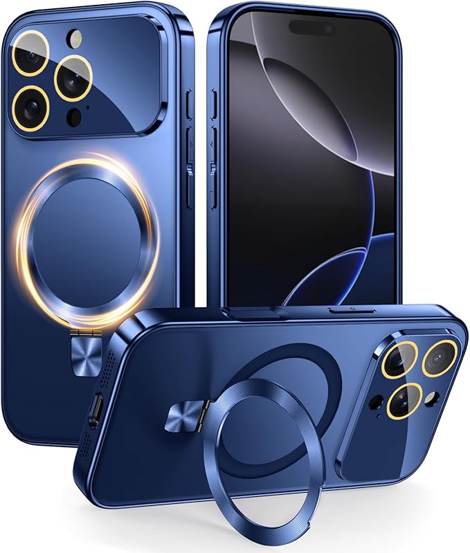 TOBOVON Magnetic for iPhone 16 Pro Case with Ring Stand, Fits MagSafe, with Built-in Camera Lens Protector, Slim Electroplated Shockproof Phone Cover, Blue