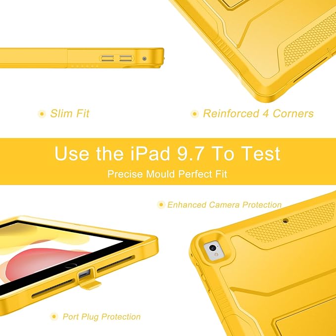 Soke Case for iPad 6th/5th Generation 9.7 Inch 2018/2017,with Built-in Screen Protector and Kickstand, Rugged Full-Body Heavy Duty Protective Cover for Apple iPad Air 2 /Pro 9.7 - Yellow
