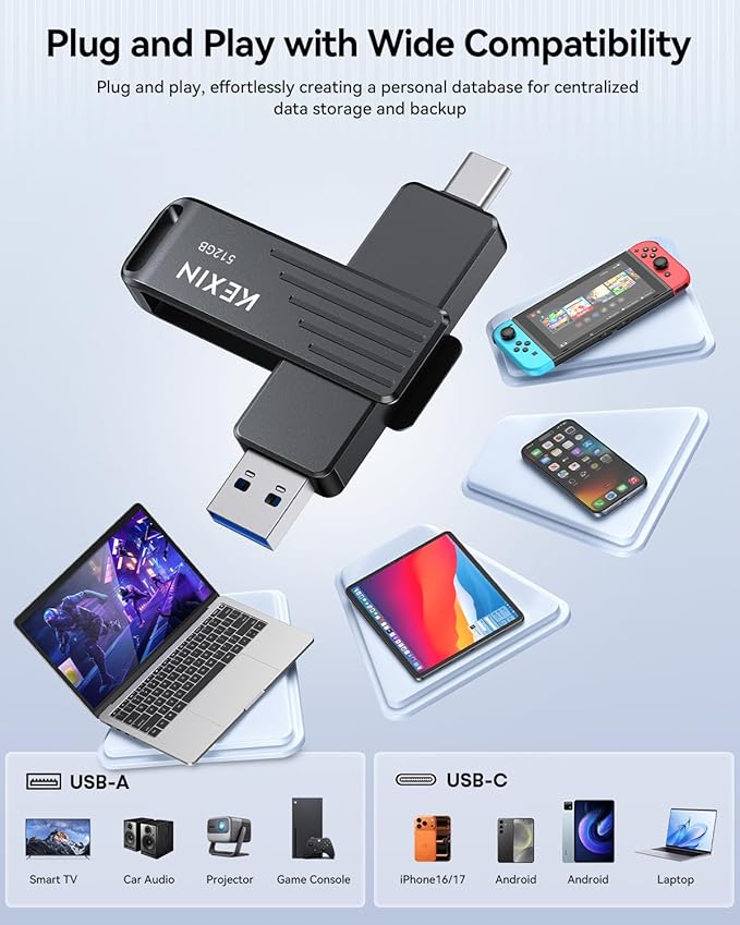 KEXIN 512GB USB C Flash Drive up to 1000MB/s Dual Thumb Drive 512G with Type-C and USB-A Connectors USB 3.2 Gen 2 USB Drive Swivel Memory Stick for iPhone 15/16/17, Smartphone, Tablet, Laptop