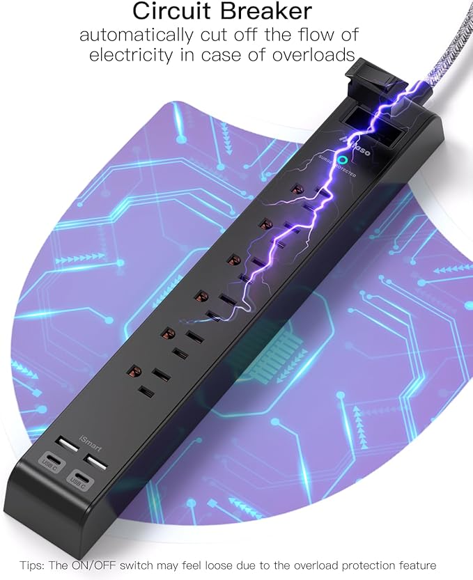 2 Pack 10Ft Extension Cord with Multiple Outlets, Surge Protector Power Strip with 6 Outlets 4 USB Ports, Flat Plug, Wall Mount for Home Office, Dorm, Black