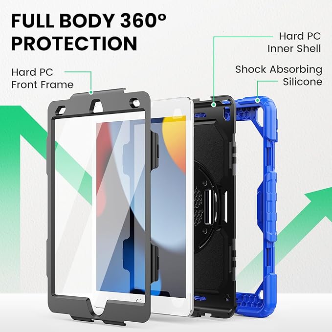 SEYMAC for iPad 9th/8th/7th Generation Case 10.2" 2021-2019, Full-Body Shockproof Protective Case with Screen Protector, Rotating Stand/Handle/Shoulder Strap for iPad 10.2, Blue/Black